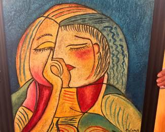 This striking painting is a mid-century modern cubist portrait by the Israeli artist Benjamin (Benyamin) Long [index:1.1.1]. His work heavily channels the geometric styles of Pablo Picasso [index:1.1.7] and Emil Filla [index:1.1.10].