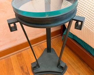 striking Art Deco style wrought iron and thick glass side table or pedestal plant stand