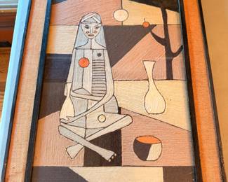 This artwork is an iconic 1960s–1970s Mid-Century Modern abstract crewel embroidery or needlepoint wall hanging. It features a highly stylized, Cubist-inspired portrait of a woman seated cross-legged beneath a modern geometric fruit tree, rendered in a striking retro palette of muted earth tones, terracotta, and cream.