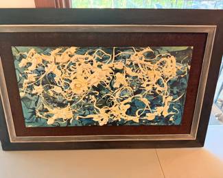 This artwork is a fascinating piece of mid-century abstract expressionist art, featuring a dynamic drip-and-splatter composition with heavy, three-dimensional impasto or built-up relief elements reminiscent of Jackson Pollock's iconic style.
