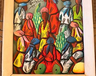 This artwork is an original Haitian Folk Art painting created in the highly recognizable Cap-Haitïen style, signed in the upper left by the noted artist Felix Jean