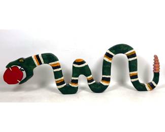 Lot 939 Hand Carved and Painted Wooden Rattlesnake Folk Art Sculpture with Separate Wooden Apple. Unsigned.