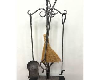 Lot 746 Hand Forged Wrought Iron Fireplace Tool Set with Stand and 4 Tools