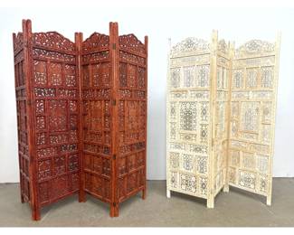 Lot 932 Two Intricately Hand Carved Wood Folding Room Divider Screens. 1 with 4 panels the other 3.