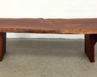 Lot 1039 PJ Spring Handcrafted Live Edge Cherry Bench with leaf Motif Inlays American studio Craftsman.
