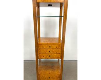 Lot 818 Mid Century Modern Burl Wood Etagere Shelf Display Cabinet.