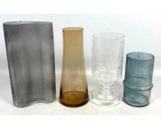 Lot 863 4pc Lot of Mid Century Modern Style Art Glass Vases and Vessels in Smoke Gray Amber Clear and Teal