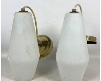 Lot 1190 Pair Mid Century Modern Frosted Glass and Brass Wall Sconces with Double Tapered Shades