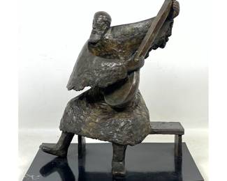 Lot 1030 Bronze Sculpture of Seated Musician Playing a Lute. Possibly Hebrew Jewish Origin. Artist s initials