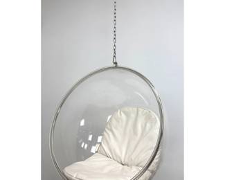 Lot 1071 Mid Century Modern style hanging clear acrylic Bubble Chair with polished steel rim.