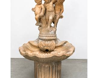 Lot 1254 HENRI STUDIO 3 Piece Cast Stone Garden Sculpture. 3 Cherubs Putties supported by Clam Shell form Bow