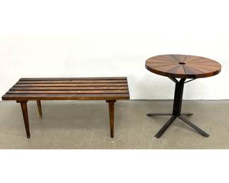Lot 1158 2pc Wood Furniture Lot. Mid Century Modern Slatted Wood Bench. Circular Hardwood Side Table with Met