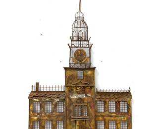 Lot 950 Large Brutalist Torch Cut Metal Independence Hall Wall Sculpture. Heat Tinted Mixed Media.