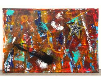 Lot 1007 Dennis Sakelson Large Scale Modernist Abstract Mixed Media Painting on Canvas. Signed on Verso.