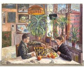 Lot 1010 Artist Signed Painting on Canvas. At Chess, signed and dated 1937.