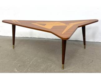Lot 1048 Italian Modern Style Boomerang shaped Inlaid Coffee Table with Tapered Legs and Brass Ferrules