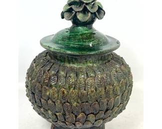 Lot 895 Attributed to Hilario Alejos Madrigal Green Glazed Mexican Terracotta Pineapple Lidded Vessel on Tri