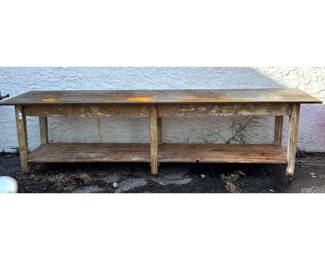 Lot 1244 Large Industrial Work Table with Heavy Gauge Sheet Metal Top and Fluted Wood Base.