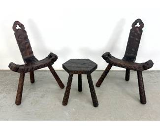 Lot 1063 3pcs Spanish Brutalist Wooden Furniture. 2 Chairs and a small stool.