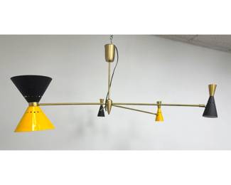 Lot 778 Stilnovo Attributed Asymmetrical Chandelier. Brass with black and Yellow Enameled Shades.