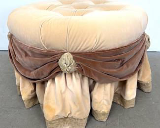 Lot 1090 Hollywood Regency Tufted Velvet Round Ottoman. Draped Swag Detail with Rosettes. Brass Ball Casters