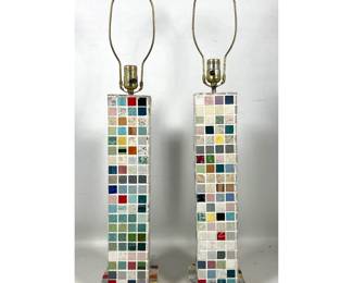 Lot 1101 Pair Tile Mosaic Skyscraper Lamps Multicolor, Vintage 1950s