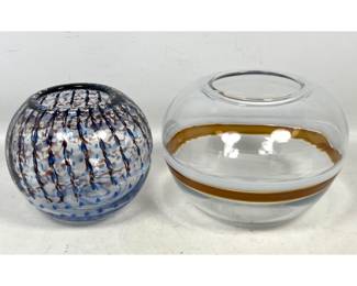 Lot 789 2pc Lot Hand Blown Studio Art Glass Vases. 1 globular patterned vase and 1 large banded spherical va