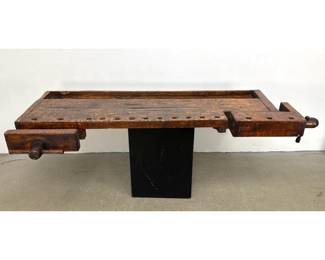 Lot 1224 Antique European Solid Wood Carpenter Workbench Top with Shoulder and Front Vises. Pedestal not incl
