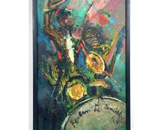 Lot 858 Reuben L. Smith 1963 Mid Century Modern Expressionist oil on hardboard Jazz Drummer painting