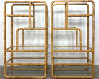 Lot 817 Pr Rattan Wrapped Display Shelves Etagere. Modernist Design. Multi Level Glass Shelves.