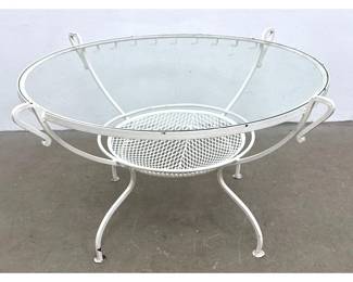 Lot 1257 Outdoor Round Iron Table. Central Lower Metal Mesh Bowl Form. Has multiple hooks along rim.