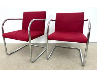 Lot 1087 Pair Mies Van Der Rohe BRNO Tubular Chairs Attributed to Knoll Original Red Upholstered Chrome Canti