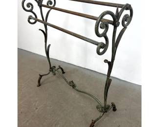 Lot 1163 French style Wrought Iron, Brass Trim Towel Rack. Scrolled Foliate Design and Verdigris Finish