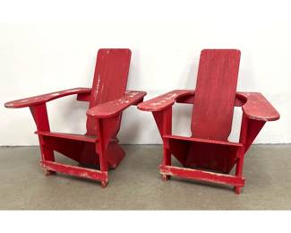 Lot 1240 Pr Modernist Adirondack style red painted wood lounge chairs. wide paddle arm.