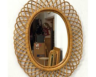 Lot 748 Italian Scalloped Rattan Oval Mirror. Franco Albini style Looped Rattan Frame.