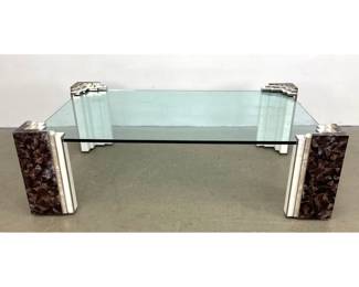 Lot 949 Postmodern Tessellated Stone and Glass Coffee Table. Four Stepped Corner Legs composed of three diff