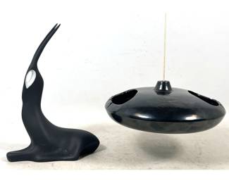 Lot 899 2pcs Royal Dux Bohemia Stylized Matte Black Porcelain Gazelle and Glossy Black Hanging Pottery Ashtr