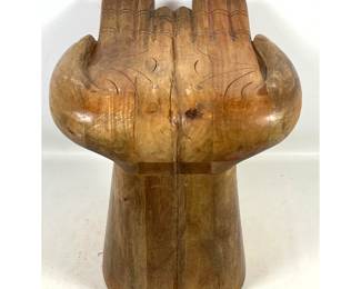 Lot 1128 Carved Wood Double Hand Chair Stool. Open Palm design with forearm pedestal base. Contemporary.