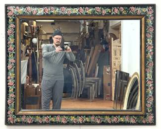 Lot 957 Large Antique Eglomise Floral Border Wall Mirror with Gilded Rope Twist and Black Painted Wood Frame