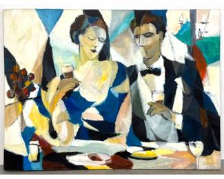 Lot 1008 Shu Leu Oil Painting on Canvas, Romantic Modernist Interior Scene with Figures and Sailboats, Signed