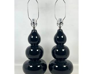 Lot 1112 Pair of Contemporary Large Triple Gourd Black Glazed Ceramic Table Lamps on Clear Acrylic Bases