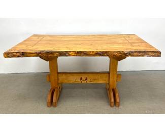 Lot 1038 PJ Spring Handcrafted Spalted Maple Trestle Table with Inlaid Bird Motif. Custom Studio Artist Made