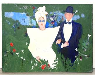 Lot 1013 Large Norman Rubington Impasto Oil on Canvas Portrait of a Couple in a Landscape. Stylized Formal At