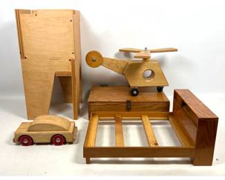 Lot 1186 Wood lot. Vintage Modernist Blonde Plywood Planter, Creative Playthings Helicopter Toy, Plywood Doll