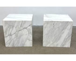 Lot 756 Pair of Modern Minimalist White Marble Cube Side Tables with Mitered Edges. Interior Stamped NEW PRO