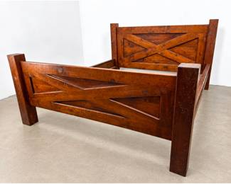 Lot 1146 Solid Pine Heavy Timber Queen Size Bed Frame with Barn Door X Brace Detail and Distressed Finish