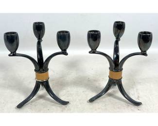 Lot 801 Pr Mid Century Modern Silver Plate Candelabra. Flair Pattern 3 Light Form with Corseted Wrapped Deta
