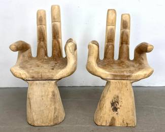 Lot 1120 Pair Carved Wood Opposing Hand Chairs. After Friedeberg