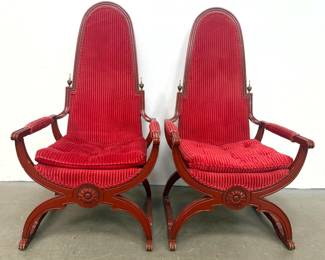 Lot 1220 Pr Key City Furniture Company High Back Regency Style Armchairs. Red Painted Frames and Red Ribbed S