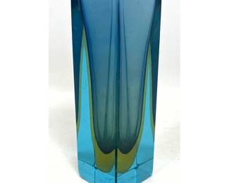 Lot 884 Mid Century Modern Sommerso Murano Art Glass Vase Tapered Square Form Blue and Yellow